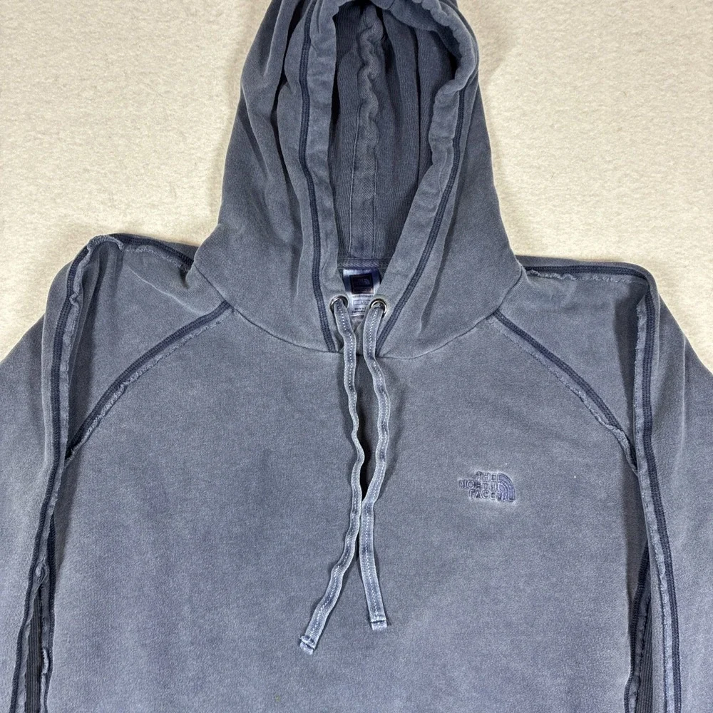 Rare The North Face Mens Blue Reverse Seam Raw Hem Pullover Hoodie Size Large